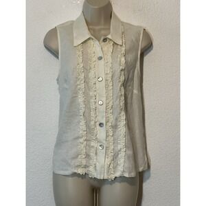 Rialto Collection by Joy Perreras Linen Top Shirt Ruffle Sz M Ivory Victorian